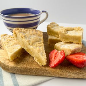 shortbread tray bake with a cup of tea