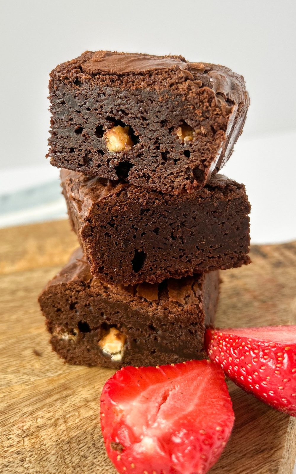 belgian chocolate brownie tray bake stacked