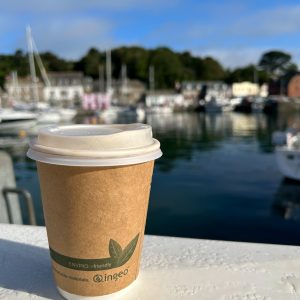 recyclable coffee cup served from chough bakery overlooking Padstow Harbour