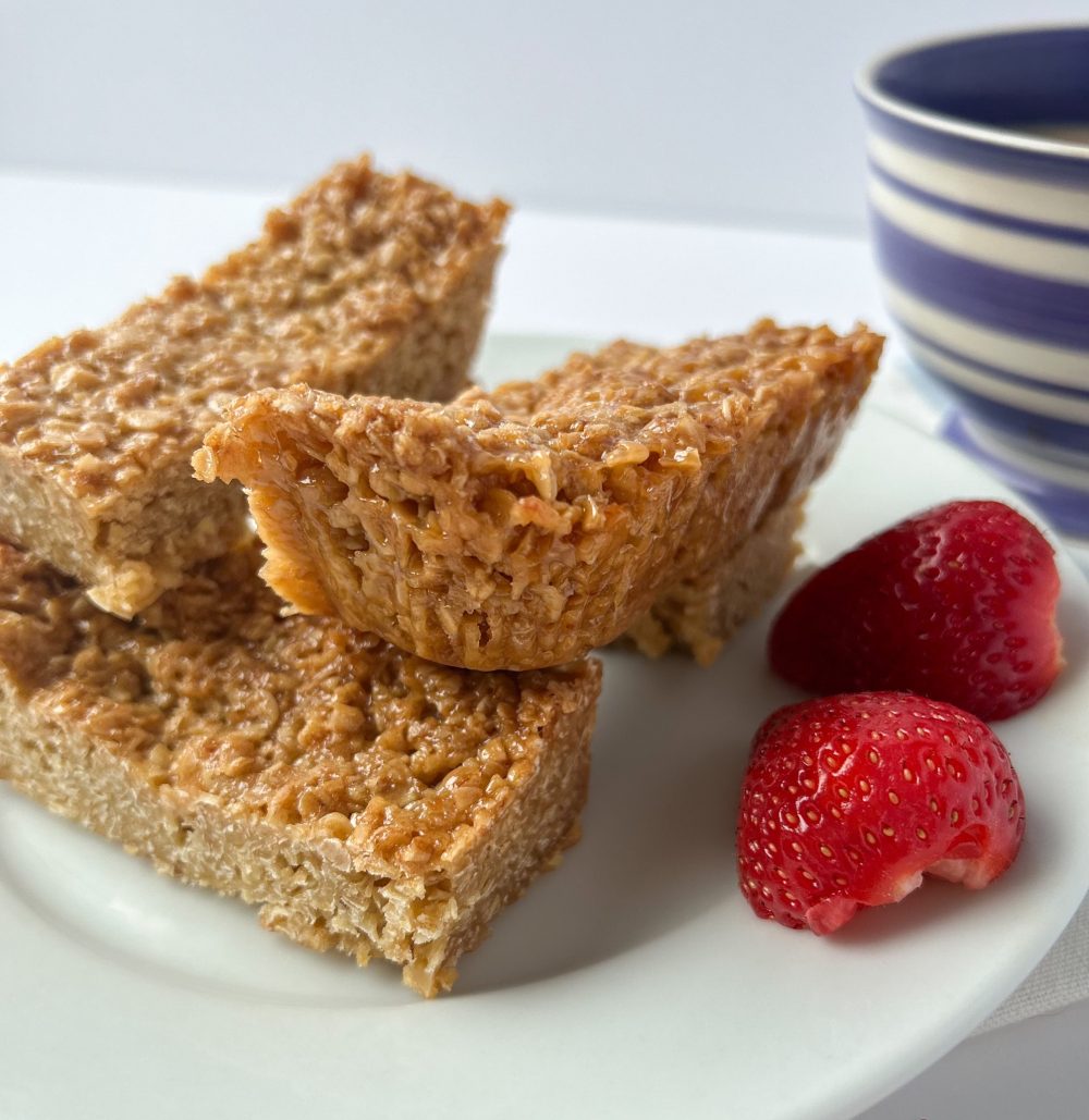 traditional butter flapjack tray bake with strawberries