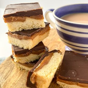 all butter millionaire shortbread traybake with Belgian chocolate