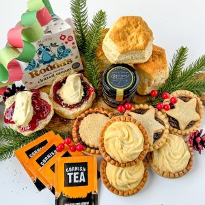 Festive cream tea with scones, cream, jam, tea and mince pies