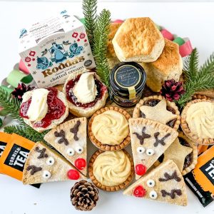 Festive Cream Tea with mince pies and reindeer shortbread